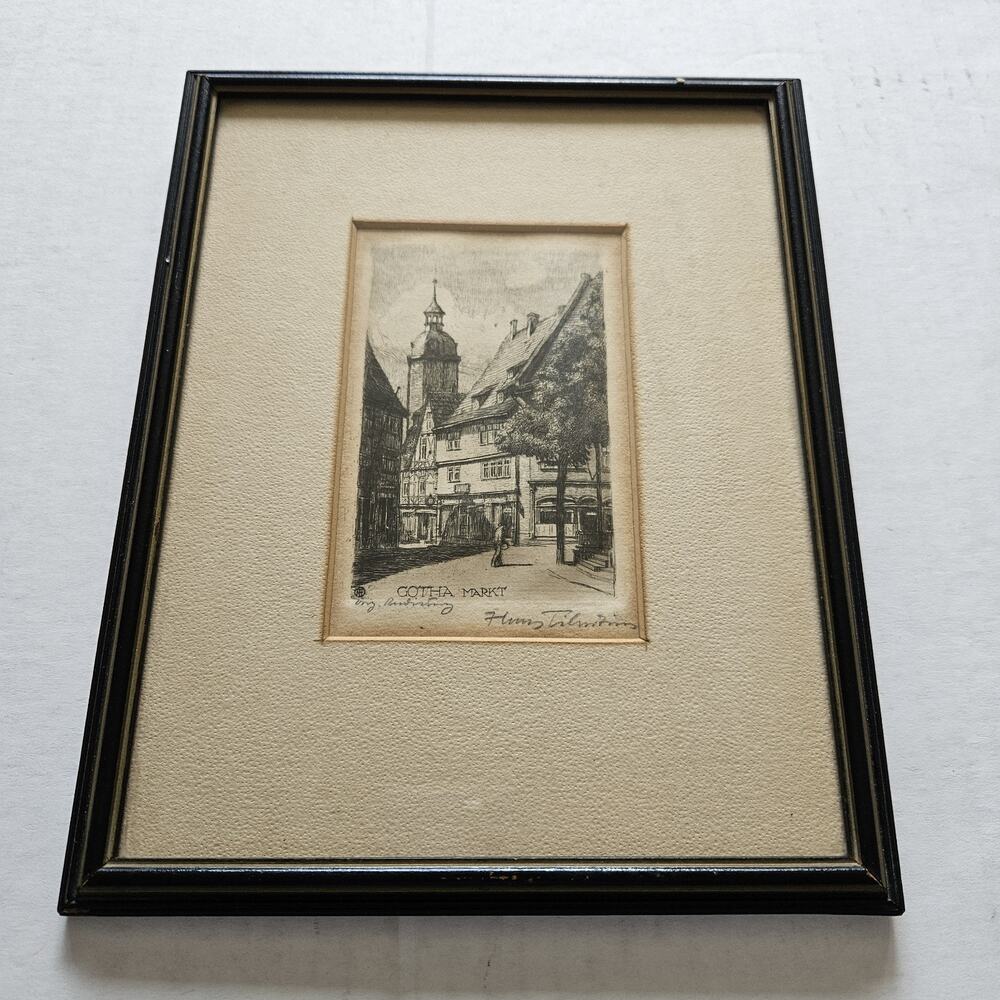 Original Rendering Antique German "Gotha Markt" Signed Etching 8"x10" Framed